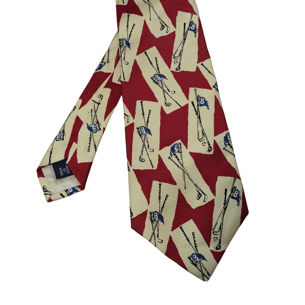 Polo Ralph Lauren Silk Golf Club Flag Tie Red Cream Blue Made in USA Hand Made